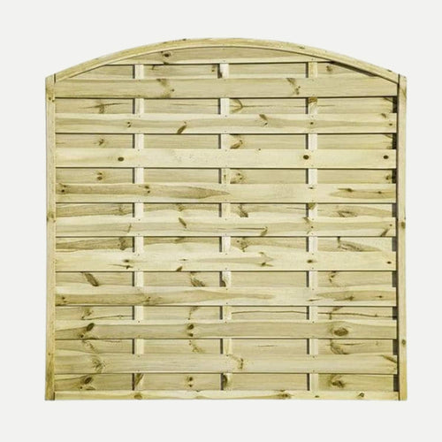 The KDM Arched Horizontal Fence Panel (AH180) features horizontal slats and a curved top, crafted from light-colored, pressure-treated timber for enhanced durability.