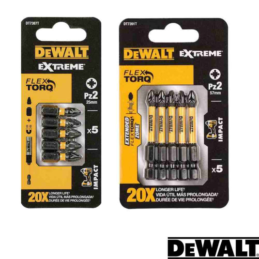 Two packs of Dewalt- Extreme FlexTORQ PZ2 offering versatility for impact drivers—one pack contains five 25mm bits and the other five 57mm bits. Designed for impact use with a remarkable 20X Longer Life, these screwdriver bit sets prominently feature the Dewalt logo at the bottom of each package.