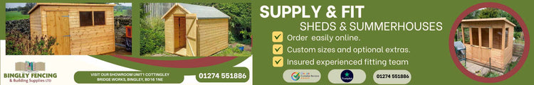 Green sales banner with two wooden sheds and supply and installation wording