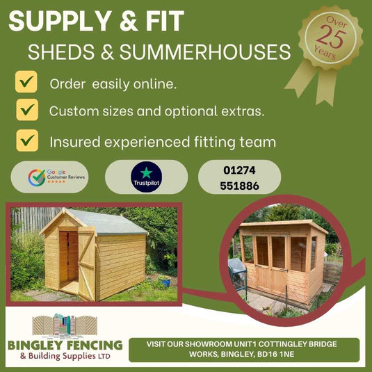 Label showing supply and installtion of sheds with two wooden garden sheds.