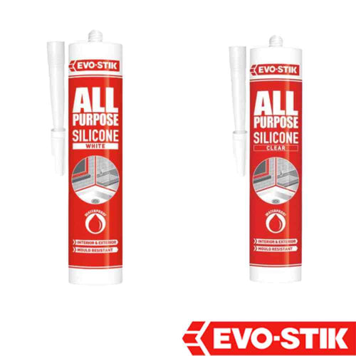 Two tubes of Evo-Stik - All Purpose Silicone in shades white and clear, both showcasing red labels with instructions. The Evo Stick logo is prominently displayed at the bottom. This mould-resistant, waterproof sealant is ideal for a variety of applications around your home.