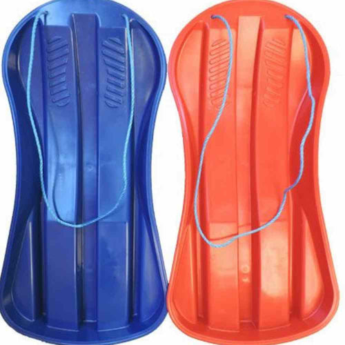 Two Bingley Fencing's Snow Sledges are displayed, one in blue and the other in red, ideal for children's winter fun. Both sledges feature a curved design with grooves for improved grip and come equipped with blue pull ropes at the front. Symmetrically placed side by side, they make perfect companions for exhilarating outdoor winter sports adventures.
