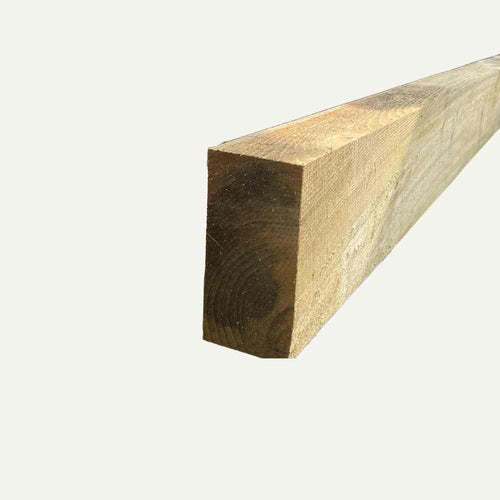 A close-up view of Bingley Fencing's Railway Sleepers, featuring a rectangular cross-section that highlights the intricate grain and texture of the wood. The sleeper is positioned diagonally from top right to bottom left against a neutral background, reminiscent of garden elements used for elegant landscaping.