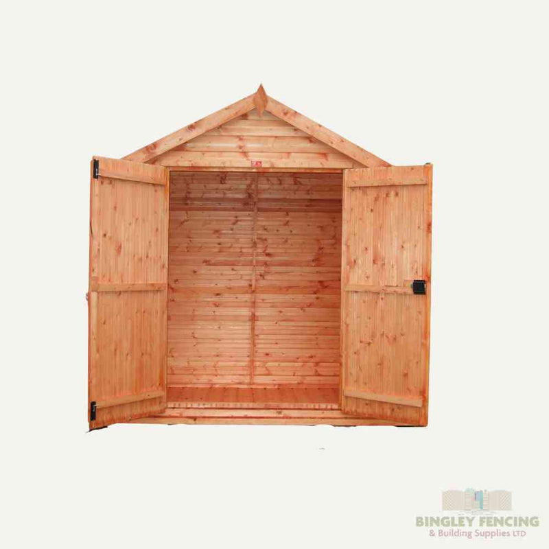 Load image into Gallery viewer, The Space Saver Shed by Bingley Fencing features open double doors, an empty interior ideal for garden storage, a sloped roof, and a natural wood finish. A small logo in the lower right corner adds charm against a simple background.
