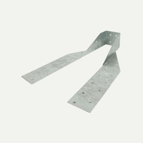 The Henry Shaw Standard Joist Hanger 50mm Timber 11" Long is a galvanized metal connector with multiple holes, designed to securely support and join wooden beams or provide reliable decking support in construction projects.