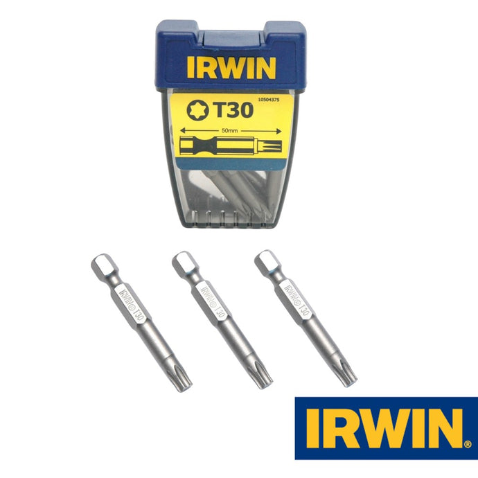 The image features a set of Irwin Power Screwdriver Bits, model number 10504375, with packaging displayed. Three bits are laid out in a row, prominently showing the Irwin branding and product labeling. These are Torx Tx30 bits, each measuring 50mm in length and designed for higher torque requirements.