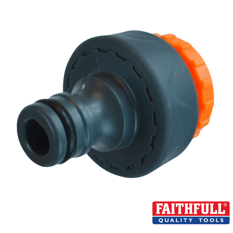 Load image into Gallery viewer, A quick-release, black and orange plastic tap hose connector, suitable for use with 3/4in &amp; 1/2in BSP threaded taps, proudly displaying the Faithfull brand logo in the bottom right corner.
