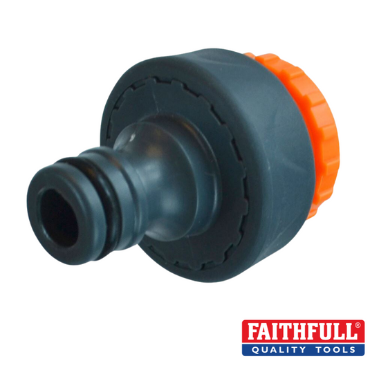 A quick-release, black and orange plastic tap hose connector, suitable for use with 3/4in & 1/2in BSP threaded taps, proudly displaying the Faithfull brand logo in the bottom right corner.