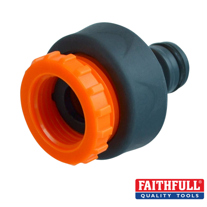 Close-up of an orange and black Plastic Tap Hose Connector, branded with the Faithfull logo in the bottom right corner. This quick-release fitting is designed for secure attachment to 3/4in & 1/2in BSP threaded taps.