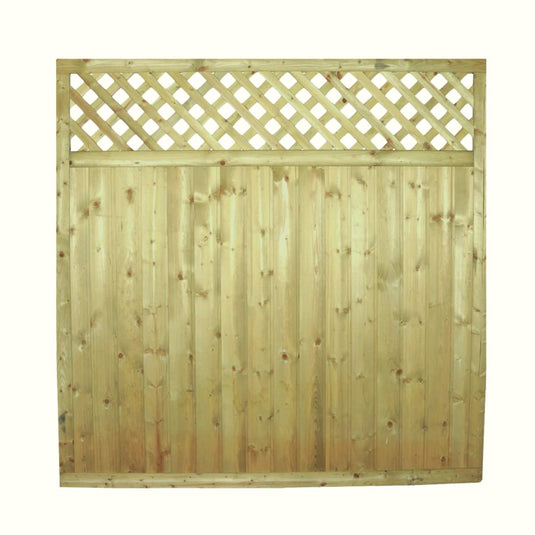 The KDM Reduced 5ft High Tongue & Groove Lattice Top Fence Panel (TGLT150) features vertical planks below and a decorative diamond lattice above, shown against a plain light background.