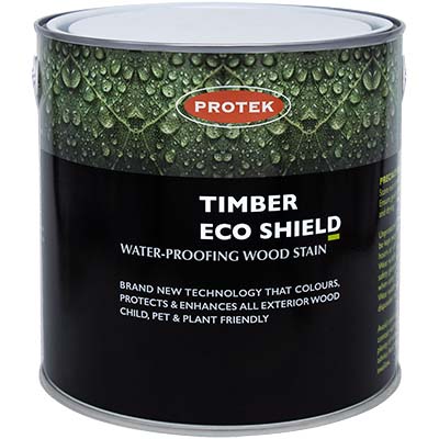 A 2.5-liter can of Protek Timber Eco Shield, available in various colors, features a green and black label highlighting that it is Child, Pet & Plant Friendly and Protects & Enhances All Exterior Wood. This waterproof wood stain finish also includes a water droplets graphic.