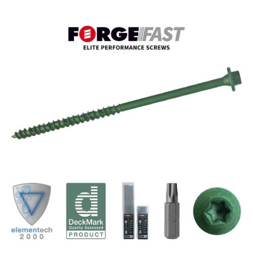 Load image into Gallery viewer, Image of a Forgefix Timber Screw with a hex head, labeled as heavy-duty and available in various sizes (7 x 65/100/150/200/250) in boxes of 40 or 50. It features certification logos for Elementech 2000 and DeckMark, emphasizing its corrosion resistance. The image also includes packaging visuals and a screw bit compatible with Hex/TORX®.
