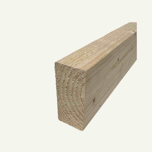 A close-up of the Bingley Fencing C16 Carcassing Untreated 100mm x 50mm (4â€ x 2â€) timber reveals its grain and texture against a plain background, showcasing intricate wood patterns that highlight its structural use and ideal size.