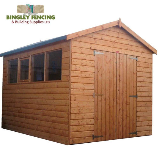 large wooden shed with double doors and opening windows