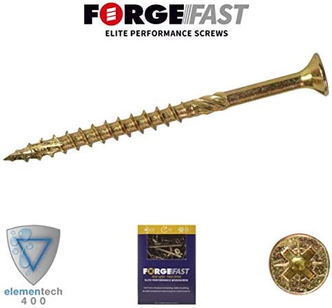 The image of a Forgefix Timber Screw, 100mm in length, with a golden finish highlights its elite performance. Below the image, you can find logos for Elementech 400, a sleek product packaging box, and an intricate close-up of the Pozi Elite screw head featuring its star-shaped groove.