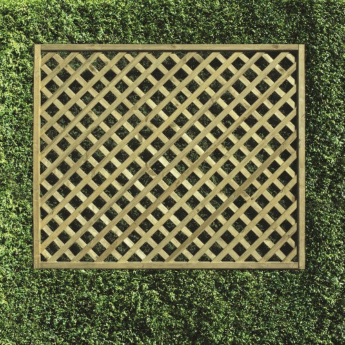 The KDM Trellis - Heavy Diamond Lattice (HDL12) adds vibrancy to green grass with its diamond pattern. This rectangle-shaped 150cm x 180cm panel, crafted from pressure-treated wood, beautifully contrasts the neatly-cut verdant background.