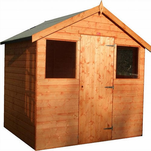 This Hobby Shed by Bingley Fencing features a peaked roof and a robust, customizable design. With its natural wood finish, it includes a centrally placed single door flanked by two square windows, making it perfect for those seeking both functionality and style.