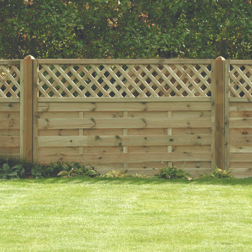 fence panel with horizontal lats and criss cross lattice top section