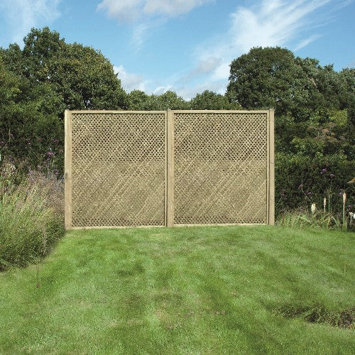 Load image into Gallery viewer, Two KDM Trellis - Privacy Lattice garden panels, each 180cm x 183cm (PL13), are set in a lush garden surrounded by tall grass and trees under a partly cloudy sky. The lattice design filters light, adding textured charm to the natural setting.
