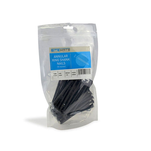 A sealed plastic bag containing black annular shank nails, ideal for timber projects. The bag is labeled with a blue label reading 