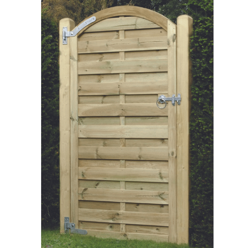 arched wooden gate with horizontal wooden slats