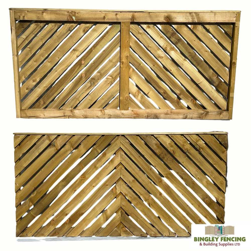 Load image into Gallery viewer, wooden fence panels with diagonal chevron style palings

