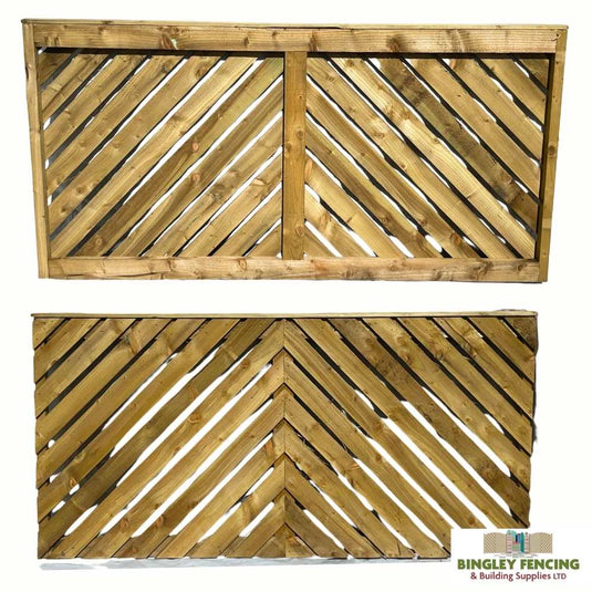 wooden fence panels with diagonal chevron style palings