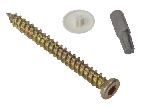 A zinc yellow passivated Concrete Frame Screw by Bingley Fencing, featuring a brass color and Torx head, lies horizontally next to a white plastic washer and gray screwdriver bit on a white background.