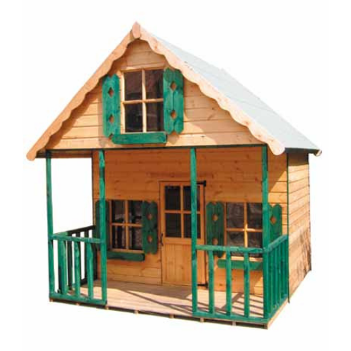 Introducing the Chateau Kids Playhouse by Bingley Fencing: This charming wooden playhouse boasts a steep roof and features green shutters, all treated with child-safe preservatives. It includes a front porch with railing, scalloped roof trim, and a central door flanked by windows. The natural wood is beautifully accented by green details for an inviting appearance.