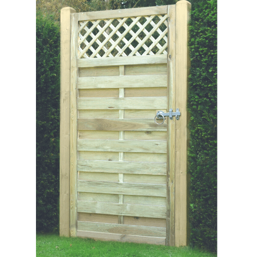 large wooden gate with lattice panel at top