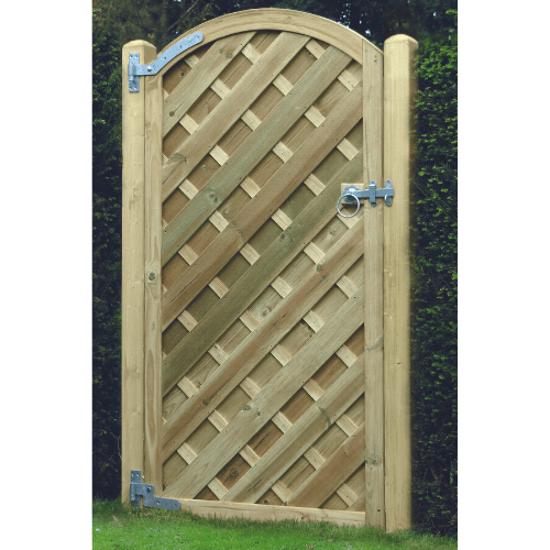 wooden gate with v arched style slats